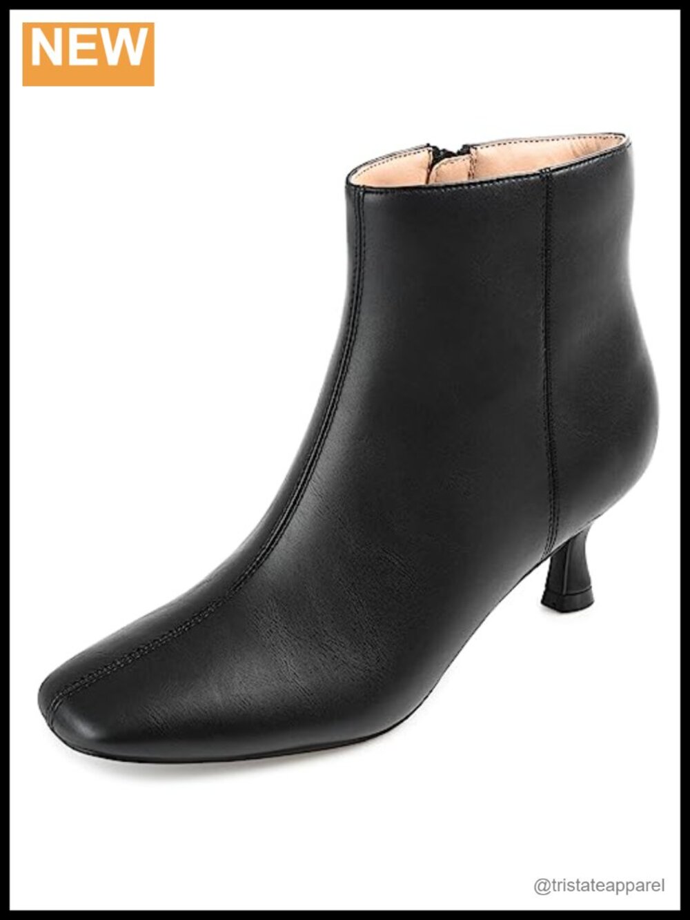 Womens Vegan Leather Square Toe Kitten Heel Zip Ankle Bootie
